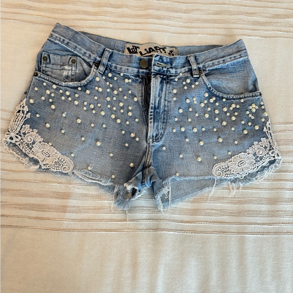Customized Blue Denim Pearl Embellished Women's Shorts